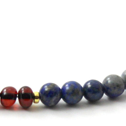 Amber Cherry Necklace With Blue Lapis Lazuli and Golden Silver-4