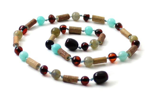 NBBP-H4 Necklace With Labradorite, Amber Cherry, Hazelwood and Amazonite-0