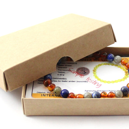 Amber Polished Cognac Stretch Bracelet With Gray Labradorite and Lapis Lazuli-1