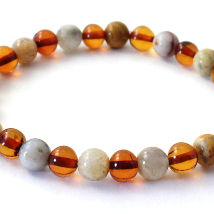 Amber Polished Cognac Stretch Bracelet With Crazy Agate-3