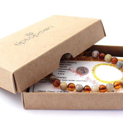 Amber Polished Cognac Stretch Bracelet With Crazy Agate-1