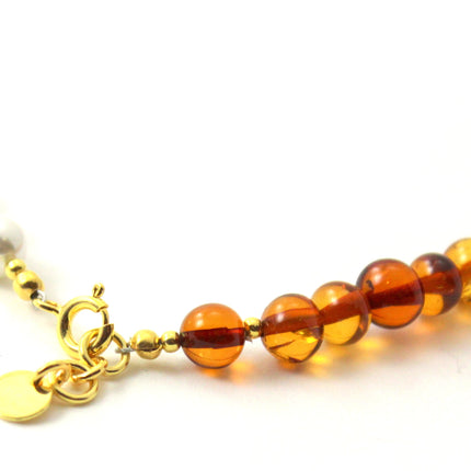 Amber Cognac Beaded Necklace With Golden Silver and Shell Pearls-3