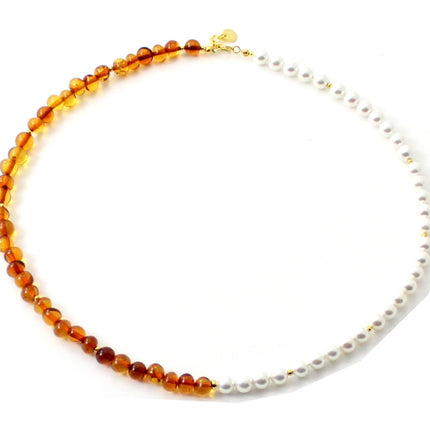 Amber Cognac Beaded Necklace With Golden Silver and Shell Pearls-0