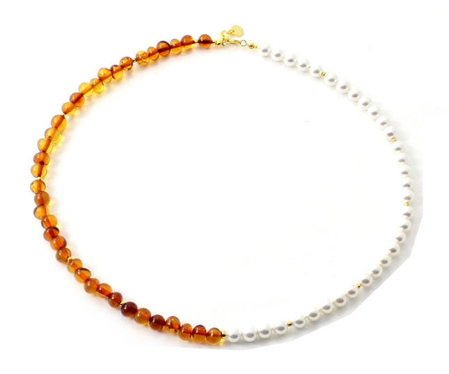 Amber Cognac Beaded Necklace With Golden Silver and Shell Pearls-0