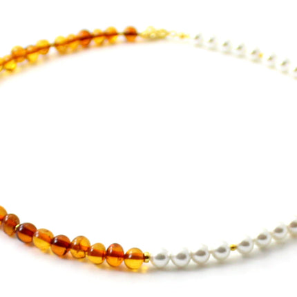 Amber Cognac Beaded Necklace With Golden Silver and Shell Pearls-4