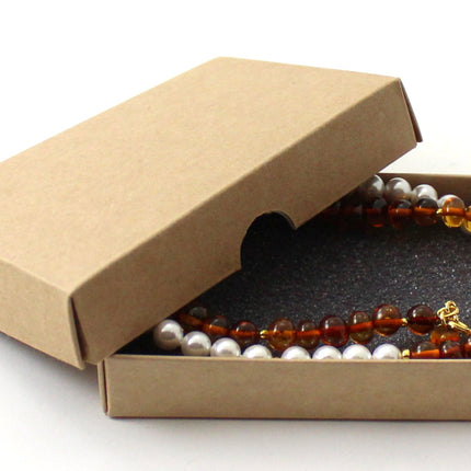 Amber Cognac Beaded Necklace With Golden Silver and Shell Pearls-1