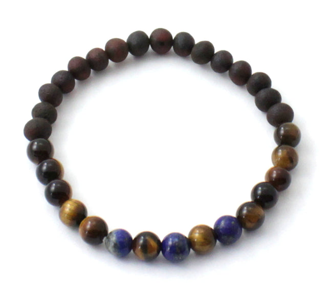 Amber Raw Black Cherry Stretch Bracelet With Tiger Eye and Gems-0