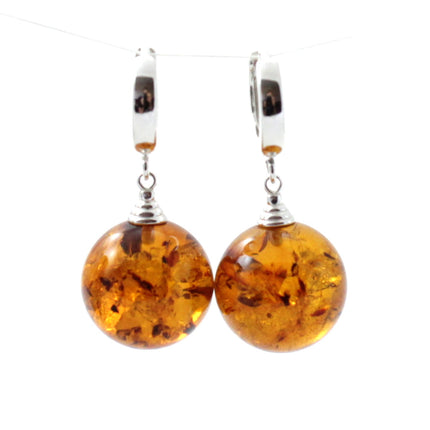 Baltic Amber Round Cognac Real Earrings With Silver-0