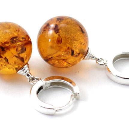 Baltic Amber Round Cognac Real Earrings With Silver-3