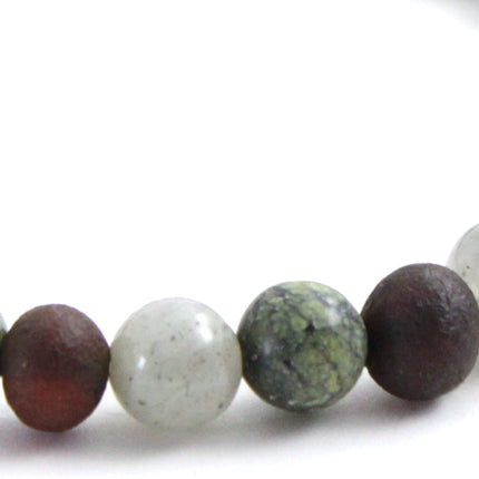 Amber Raw Black Cherry Stretch Bracelet With Gray Labradorite and Green Lace Stone-2