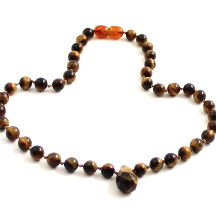 Tiger Eye Gemstone Knotted Brown Necklace with Pendant-3
