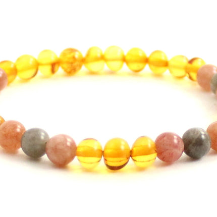 Amber Polished Honey Stretch Bracelet With Sunstone and Gray Labradorite-3