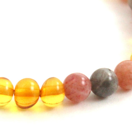 Amber Polished Honey Stretch Bracelet With Sunstone and Gray Labradorite-2