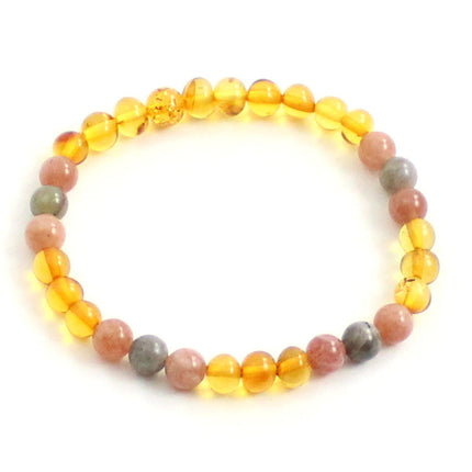 Amber Polished Honey Stretch Bracelet With Sunstone and Gray Labradorite-0