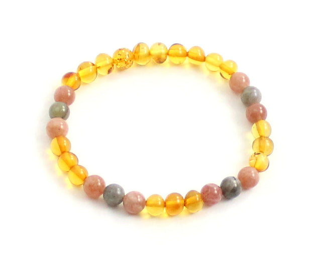Amber Polished Honey Stretch Bracelet With Sunstone and Gray Labradorite-0