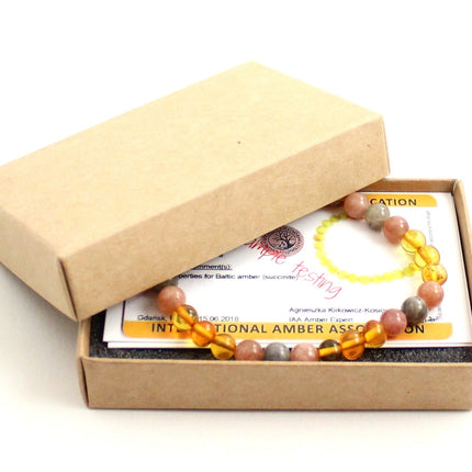 Amber Polished Honey Stretch Bracelet With Sunstone and Gray Labradorite-1