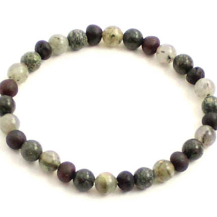 Amber Raw Black Cherry Stretch Bracelet With Gray Labradorite and Green Lace Stone-0