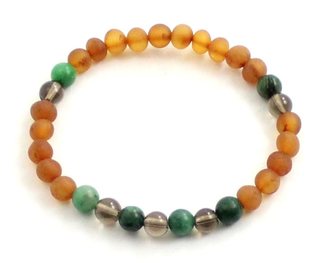 Amber Cognac Brown Raw Stretch Bracelet With Green African Jade and Quartz-0