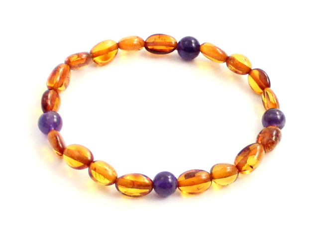 Amber Polished Cognac Bean Stretch Bracelet With Amethyst-0
