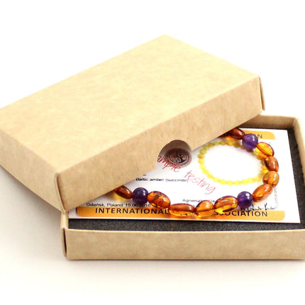Amber Polished Cognac Bean Stretch Bracelet With Amethyst-1