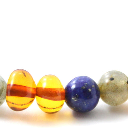 Amber Polished Cognac Stretch Bracelet With Gray Labradorite and Lapis Lazuli-2