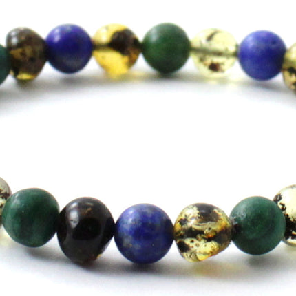 Amber Green Polished Stretch Bracelet With Jade and Lapis Lazuli-2