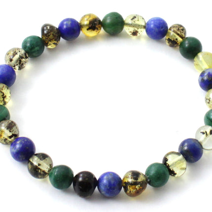 Amber Green Polished Stretch Bracelet With Jade and Lapis Lazuli-0
