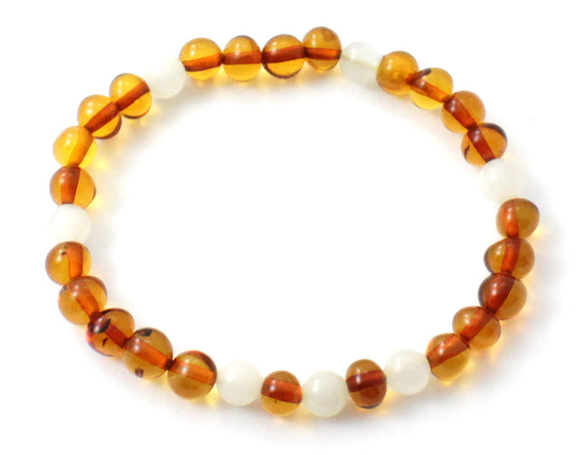 Amber Polished Cognac Baltic Stretch Bracelet With Moonstone-0