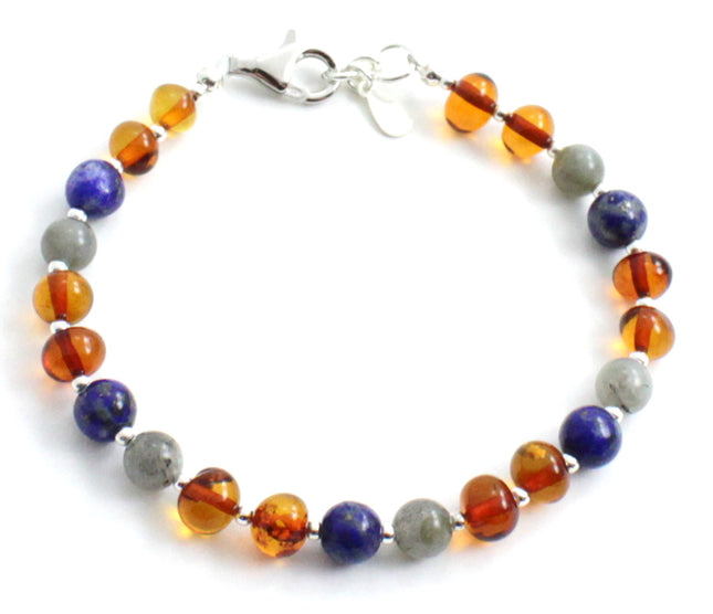 Amber Cognac Bracelet With Silver, Labradorite and Lapis Lazuli-0
