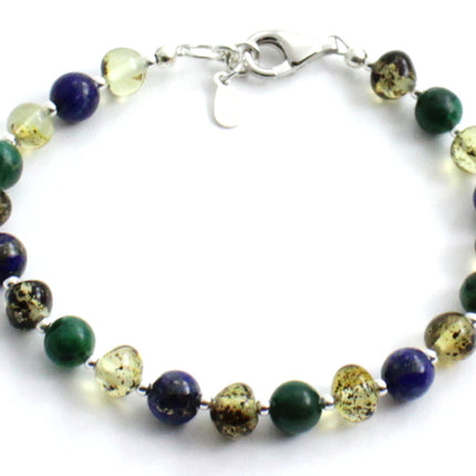 Amber Green Polished Bracelet With Silver, Jade and Lapis Lazuli-0