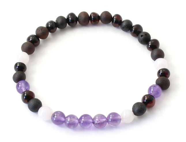 Amber Stretch Cherry Bracelet With Amethyst and Rose Quartz-0
