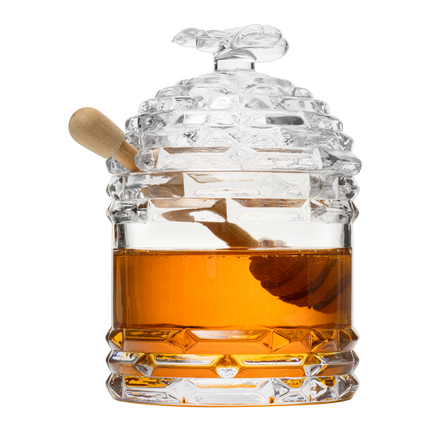 Crystal Bee Honey Dish Jar, Gift 6" - Glass Honey Pot with Dipper and Lid Cover for Home Kitchen Honey and Syrup, Gorgeous Bee Decor Beehive Honey Pot, Great for Jam, Honey, Jelly 14oz-0