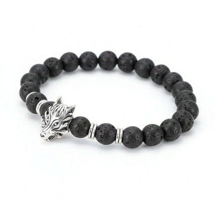 Lava stone bracelet with wolf head Asgard Crafted Grey Wolf Head-0