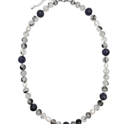 Black Rutilated Quartz With Lava Stone And Pearls Necklace MEN16-0