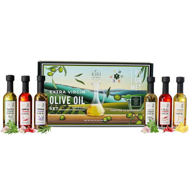 Olive Oil Gourmet Sampler Gift Set of 6 - Premium Extra-Virgin Blend Olive Oil Made In Spain, Natural Flavors Include Herbs, Chili, Spice, Rosemary, Tuscan & Lemon - Gifts for Her, Him-0
