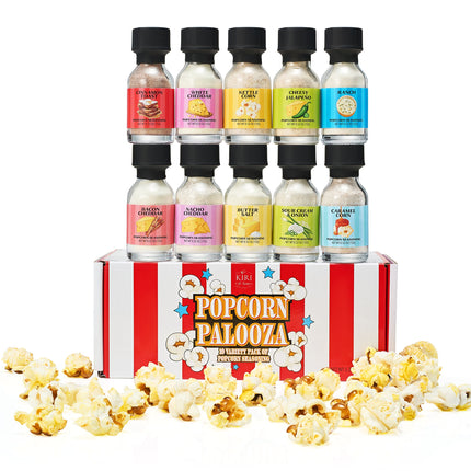 Gourmet Popcorn Seasoning Sampler Kit, 10 Flavor Variety Pack - Including Kettle Corn, Garlic Parmesan, Bacon Cheddar, Caramel, Butter, White Cheddar, Ranch, Spicy Jalapeño, Movie Night-0