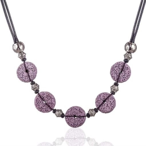 Purple 5 Bead Lava Stone Essential Oils Necklace-0