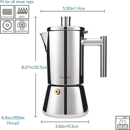 Stovetop Espresso Maker Stainless Steel Italian Coffee Machine Maker 4Cup 6.8 oz Induction Moka Pot-1
