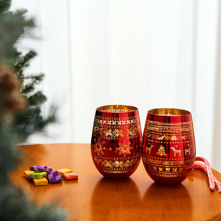 Crystal Christmas Tree Wine & Water Glasses - Set of 2 - Holiday Themed Red & Gold Etched Winter Snow Wonderland Frosted Glass, Perfect Seasonal Parties, Gifts Him & Her Trees Décor - Stemless Trees-2
