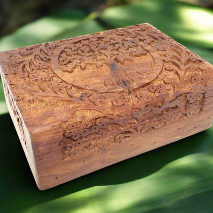 Roots & Reverence: Hand-Carved Tree of Life Wooden Keepsake Box (5" x 7")-0