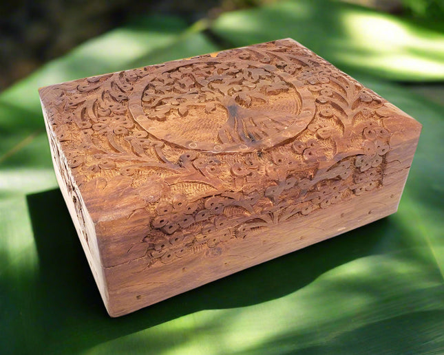 Roots & Reverence: Hand-Carved Tree of Life Wooden Keepsake Box (5" x 7")-0