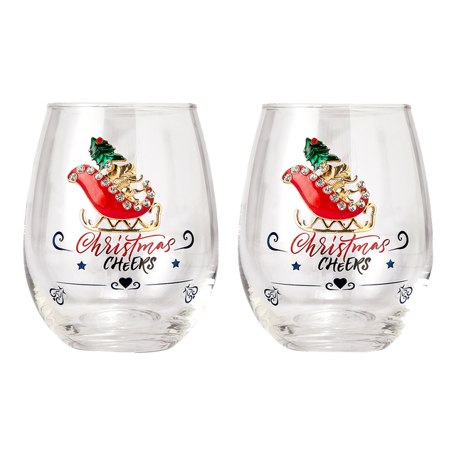Crystal Christmas Santa's Sleigh Wine & Water Glasses - Set of 2, 17.5oz - Xmas Diamond Merry Christmas Santa Holiday Festive Theme Stemless Glass - New Year Holiday Gifts for Men Women Friend Family-0