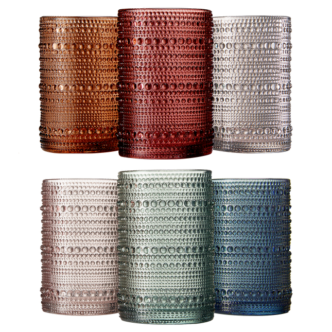 Beaded Highball Drinking Glasses | Set of 6 | Muted Color, Vintage Hobnail 14 OZ Muted Bubble Design Whiskey Glassware, Old-Fashioned, Embossed Design Glass for Water, Wine, Cocktail HAND WASH ONLY-0