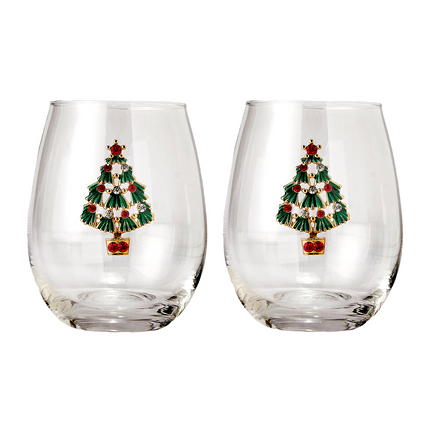 Stemless Christmas Tree Wine Glasses - Set of 2 - Christmas Cheer for Holiday Gift and Winter Season - 18 oz Stemless Decorated Tree Ornament Wine Tumblers for Holiday Season and Winter 4.7" H-0