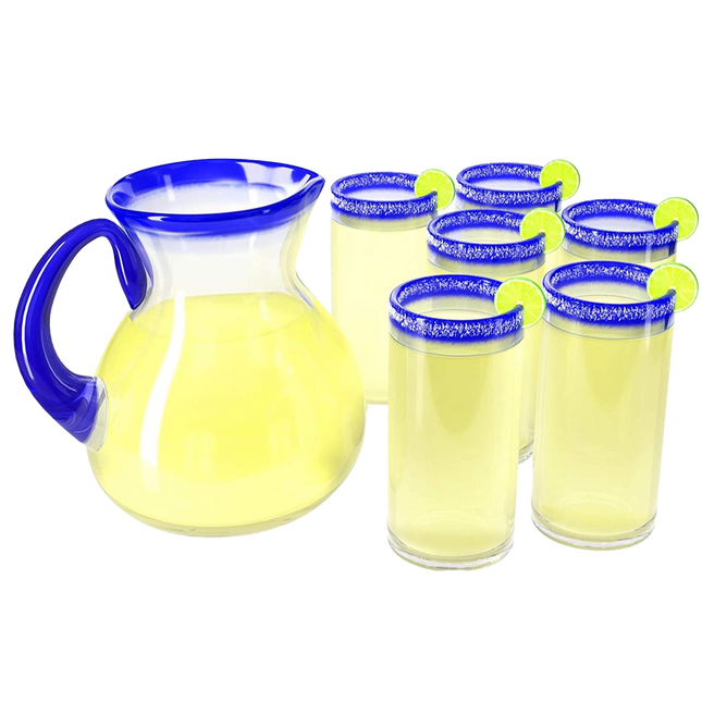 Hand Blown Blue Mexican Drinking Glasses and Pitcher – Set of 6 with Mexican Blue Rim Design (14 oz each) and Pitcher (84 Ounces) Mexico Cobalt Blue Carafe Designs Margarita and Lemonade-0