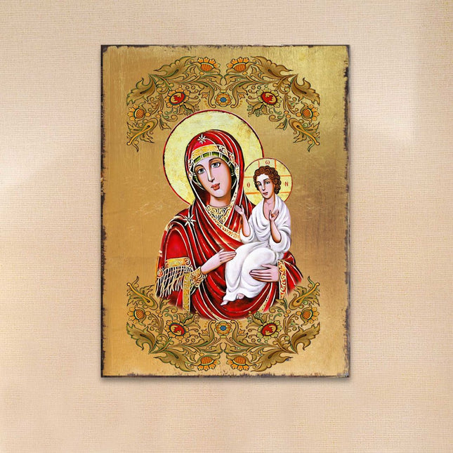 Virgin Mary Directress Wooden Gold Plated Religious Orthodox Sacred Icon - Inspirational Icon Decor - 85029-0