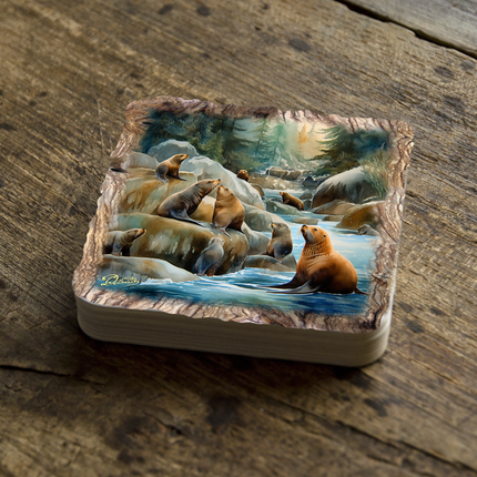 Charming Sea Lions Wooden Cork Coasters Gift Set of 4 by Nature Wonders Nature Wildlife Decor  - 95387C-S4-0