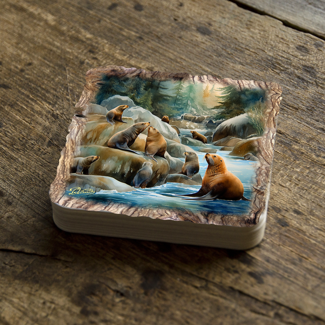 Charming Sea Lions Wooden Cork Coasters Gift Set of 4 by Nature Wonders Nature Wildlife Decor  - 95387C-S4-0