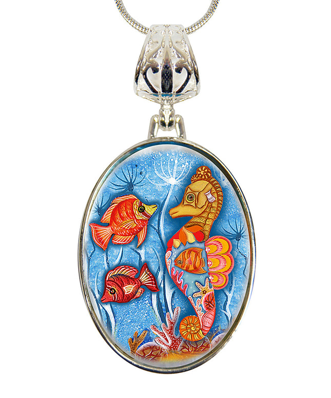 Seahorse Silver Plated Mother of Pearl Jewelry Pendant Necklace Coastal - 44045-0