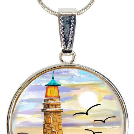 Light House Silver Plated Mother of Pearl Jewelry Pendant Necklace Coastal - 44049-2